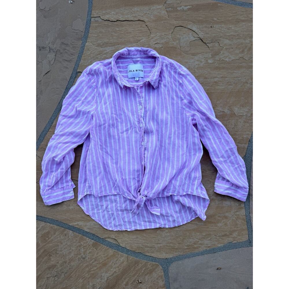 Lola River Women's Beachy Striped Tencel Linen Casual Button Shirt Pink White Lg